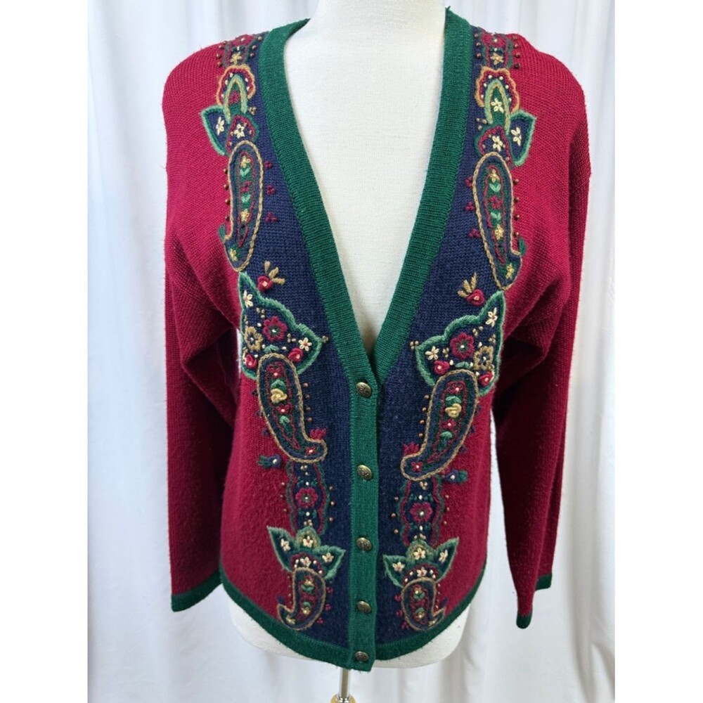Vintage Koret Vibrant Burgundy Red Knit Cardigan, Medium